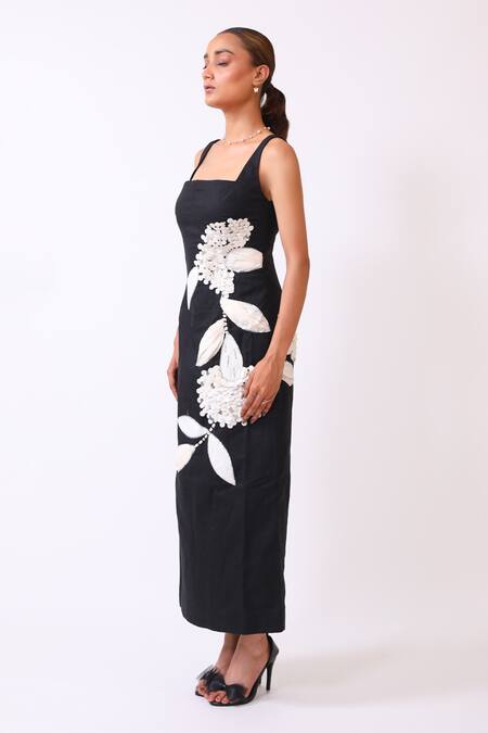 Buy_BAANI KHURANA_Black Cotton, Linen Embroidery Square Neck Floral Dress _Online_at_Aza_Fashions