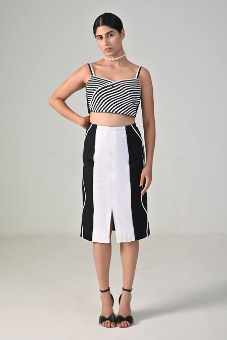BAANI KHURANA_Black Cotton, Linen Open Neck Striped Top And Skirt Set _Online_at_Aza_Fashions
