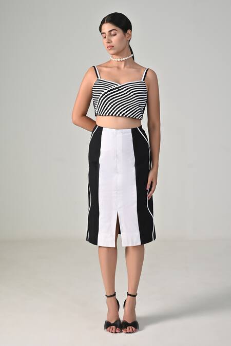Buy_BAANI KHURANA_Black Cotton, Linen Open Neck Striped Top And Skirt Set _Online_at_Aza_Fashions