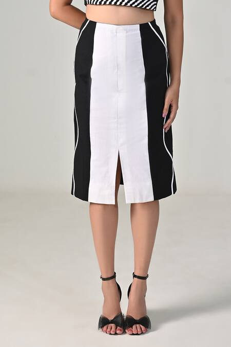 Shop_BAANI KHURANA_Black Cotton, Linen Open Neck Striped Top And Skirt Set _Online_at_Aza_Fashions