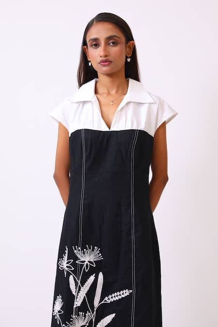 Buy_BAANI KHURANA_Black Poplin, Cotton, Linen Embroidery Collared And White Designer Dress _Online_at_Aza_Fashions