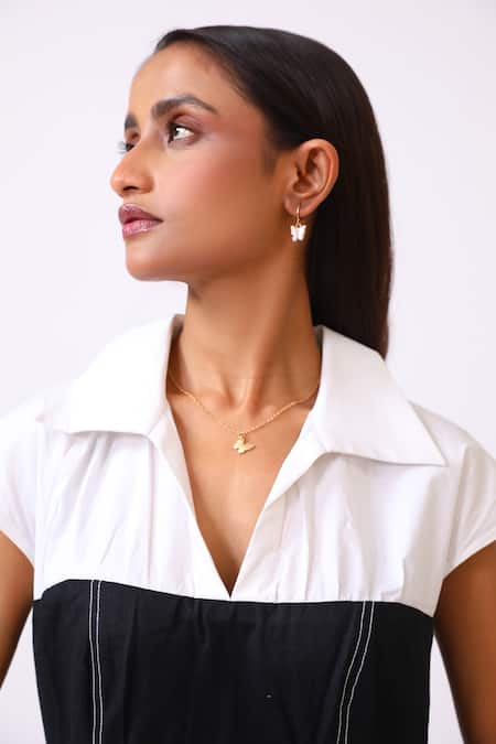 Shop_BAANI KHURANA_Black Poplin, Cotton, Linen Embroidery Collared And White Designer Dress _Online_at_Aza_Fashions