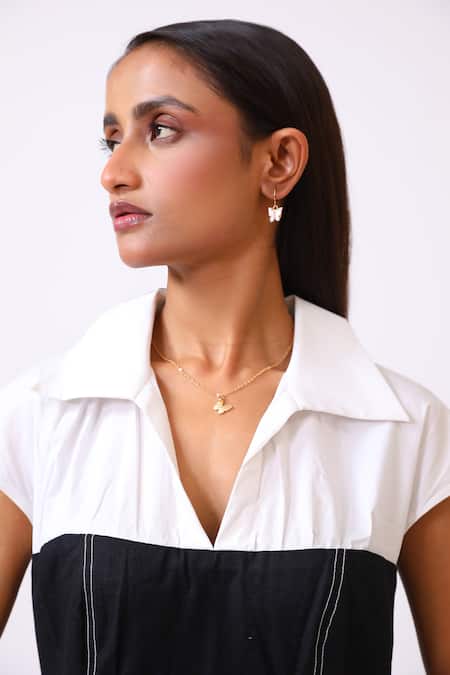 BAANI KHURANA_Black Poplin, Cotton, Linen Embroidery Collared And White Designer Dress _at_Aza_Fashions