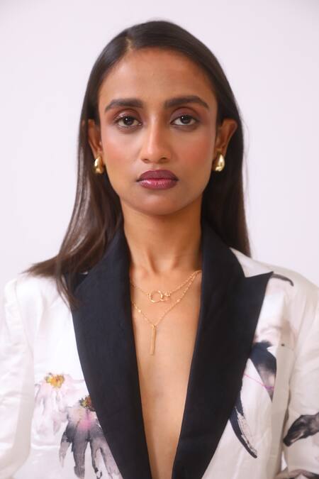 BAANI KHURANA_Black Satin V-neck Floral Print Designer Blazer Dress _Online_at_Aza_Fashions