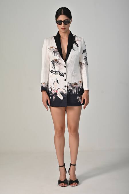 Buy_BAANI KHURANA_Black Satin V-neck Floral Print Designer Blazer Dress _Online_at_Aza_Fashions