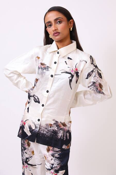 BAANI KHURANA_Black Satin, Linen Embroidery Collared Floral Print Designer Shirt And Trouser Set _Online_at_Aza_Fashions