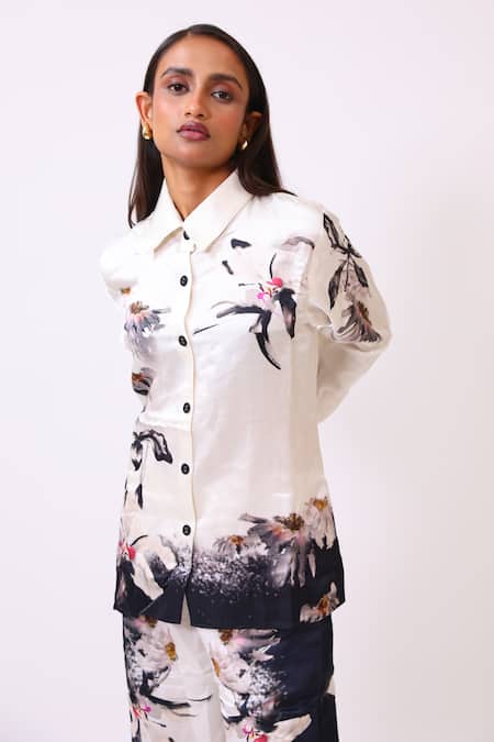 Buy_BAANI KHURANA_Black Satin, Linen Embroidery Collared Floral Print Designer Shirt And Trouser Set _Online_at_Aza_Fashions
