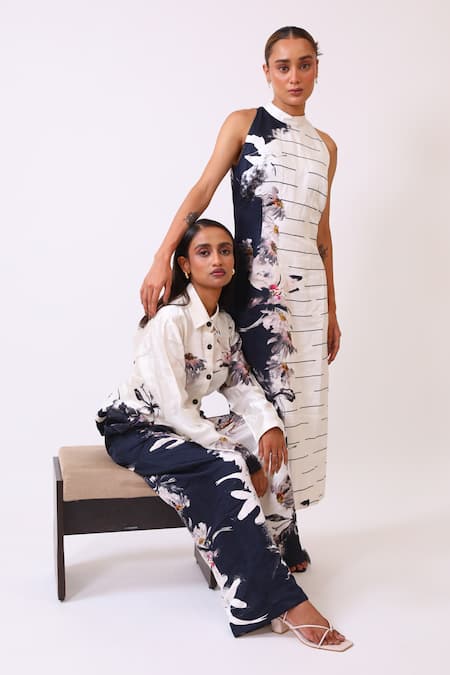 Shop_BAANI KHURANA_Black Satin, Linen Embroidery Collared Floral Print Designer Shirt And Trouser Set _Online_at_Aza_Fashions