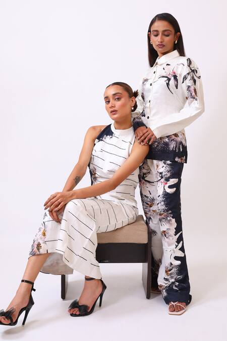 BAANI KHURANA_Black Satin, Linen Embroidery Collared Floral Print Designer Shirt And Trouser Set _at_Aza_Fashions