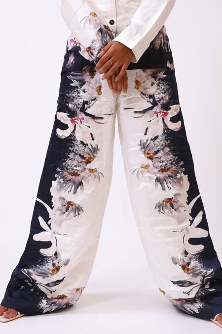 Buy_BAANI KHURANA_Black Satin, Linen Embroidery Collared Floral Print Designer Shirt And Trouser Set 