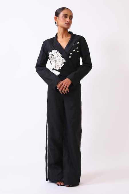 Baani Khurana Black Cotton, Linen Fabric Flowers V-neck Designer Jacket And Pant Set 
