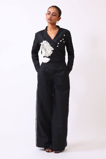 BAANI KHURANA_Black Cotton, Linen Fabric Flowers V-neck Designer Jacket And Pant Set _Online_at_Aza_Fashions