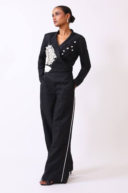 Buy_BAANI KHURANA_Black Cotton, Linen Fabric Flowers V-neck Designer Jacket And Pant Set _Online_at_Aza_Fashions