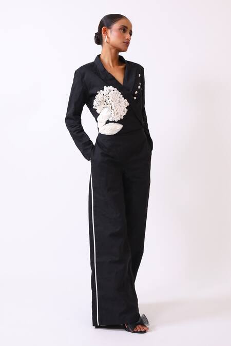BAANI KHURANA Black Cotton Linen Designer Jacket & Pant Set 