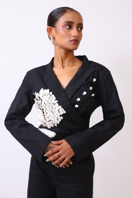 Shop_BAANI KHURANA_Black Cotton, Linen Fabric Flowers V-neck Designer Jacket And Pant Set _Online_at_Aza_Fashions