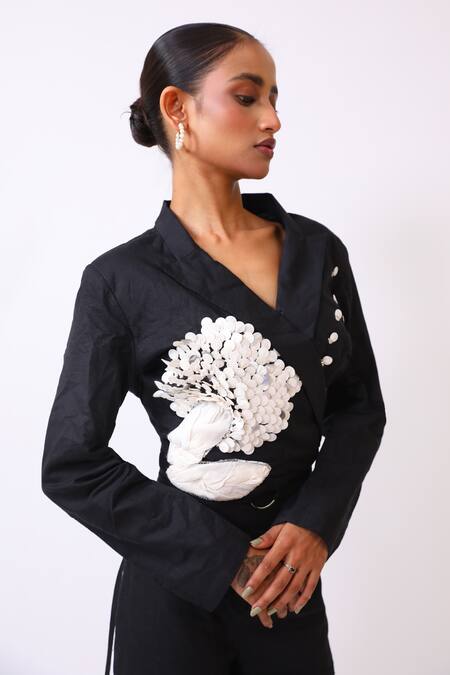 BAANI KHURANA_Black Cotton, Linen Fabric Flowers V-neck Designer Jacket And Pant Set _at_Aza_Fashions