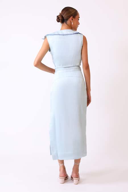 BAANI KHURANA Blue Satin Linen Embroidered Top & Skirt Set 