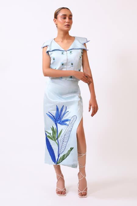 BAANI KHURANA_Blue Satin, Linen Embroidery Round Neck Top And Skirt Set _Online_at_Aza_Fashions