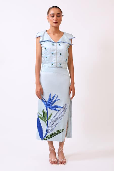 Buy_BAANI KHURANA_Blue Satin, Linen Embroidery Round Neck Top And Skirt Set _Online_at_Aza_Fashions