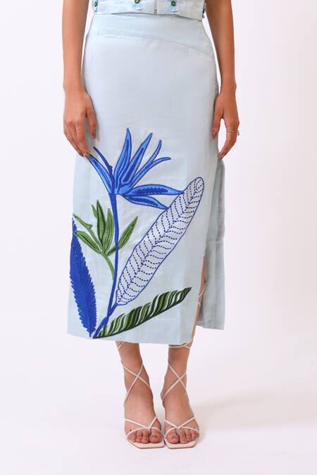 Shop_BAANI KHURANA_Blue Satin, Linen Embroidery Round Neck Top And Skirt Set _Online_at_Aza_Fashions
