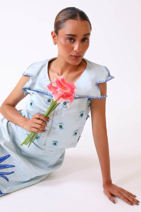 BAANI KHURANA_Blue Satin, Linen Embroidery Round Neck Top And Skirt Set _at_Aza_Fashions