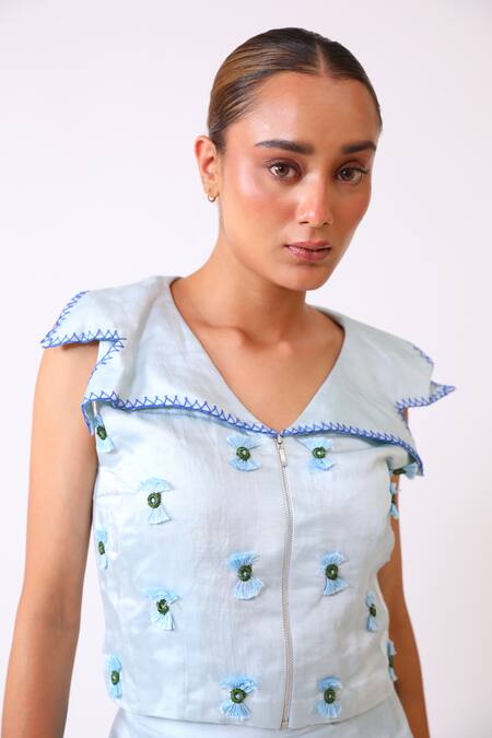 Buy_BAANI KHURANA_Blue Satin, Linen Embroidery Round Neck Top And Skirt Set 