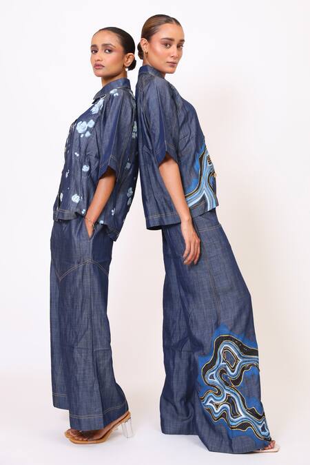 BAANI KHURANA_Navy Denim Embroidery Collared Blue Shirt And Pant Set _Online_at_Aza_Fashions