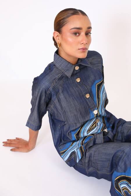 Buy_BAANI KHURANA_Navy Denim Embroidery Collared Blue Shirt And Pant Set _Online_at_Aza_Fashions