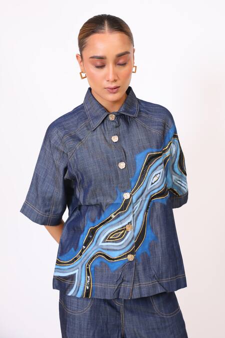 Shop_BAANI KHURANA_Navy Denim Embroidery Collared Blue Shirt And Pant Set _Online_at_Aza_Fashions