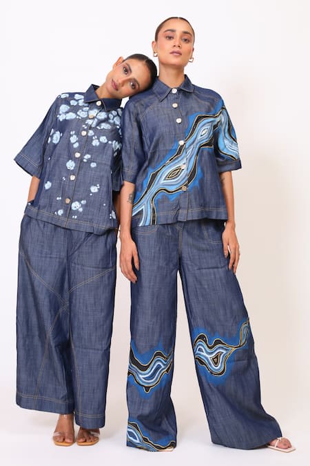 BAANI KHURANA_Navy Denim Embroidery Collared Blue Shirt And Pant Set _at_Aza_Fashions