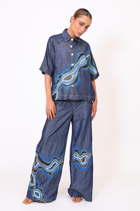 BAANI KHURANA Navy Blue Denim Shirt & Pant Set 