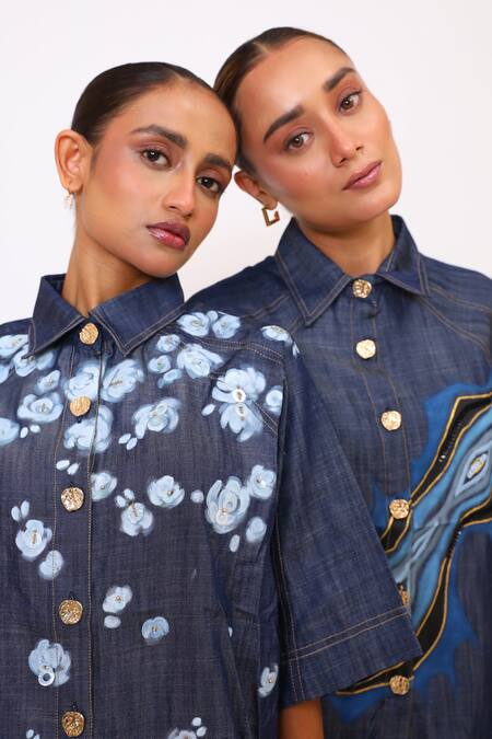 Buy_BAANI KHURANA_Navy Denim Embroidery Collared Blue Shirt And Pant Set 