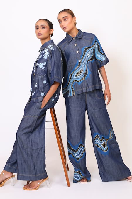 Buy_BAANI KHURANA_Navy Denim Embroidery Collared Blue Shirt And Pant Set _Online_at_Aza_Fashions
