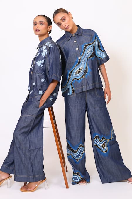 Shop_BAANI KHURANA_Navy Denim Embroidery Collared Blue Shirt And Pant Set _Online_at_Aza_Fashions