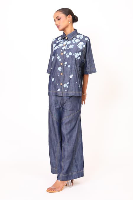 BAANI KHURANA_Navy Denim Embroidery Collared Blue Shirt And Pant Set _at_Aza_Fashions