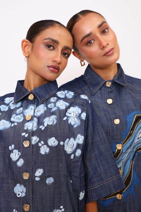 Buy_BAANI KHURANA_Navy Denim Embroidery Collared Blue Shirt And Pant Set 