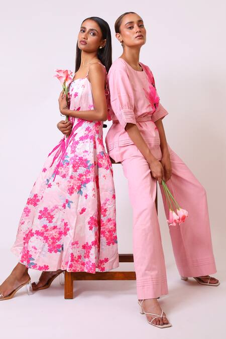 Shop_BAANI KHURANA_Pink Cotton, Linen Embroidery Round Neck Floral Print Top And Pant Set _Online_at_Aza_Fashions