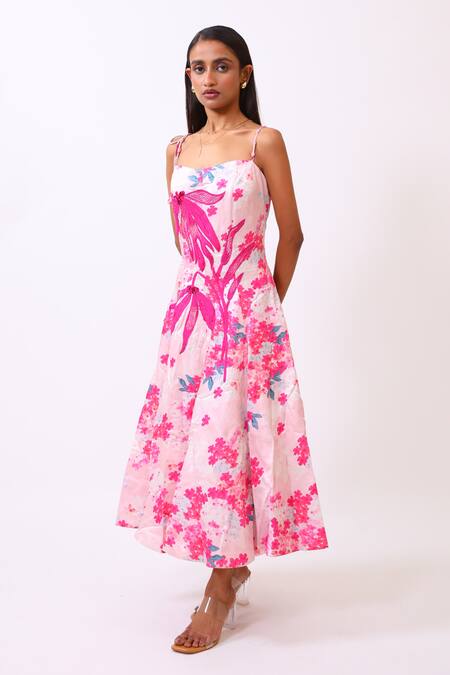 BAANI KHURANA_Pink Satin, Linen Embroidery Square Neck Floral Print Designer Dress _Online_at_Aza_Fashions