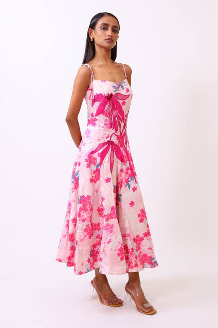 Buy_BAANI KHURANA_Pink Satin, Linen Embroidery Square Neck Floral Print Designer Dress _Online_at_Aza_Fashions