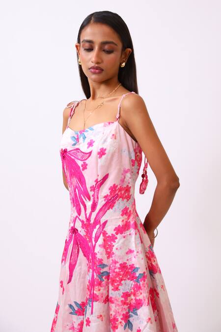 Shop_BAANI KHURANA_Pink Satin, Linen Embroidery Square Neck Floral Print Designer Dress _Online_at_Aza_Fashions