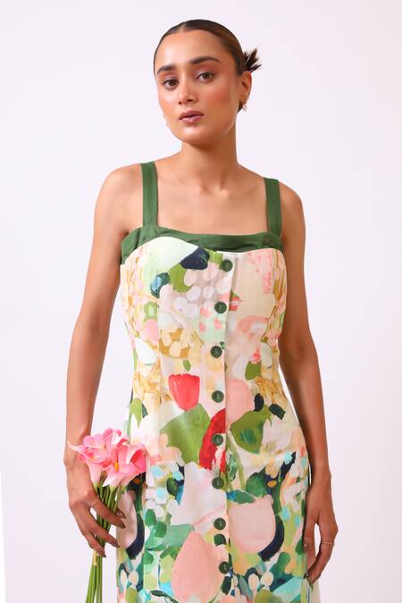 BAANI KHURANA_Pink Cotton, Linen Square Neck Multi Floral Dress _at_Aza_Fashions