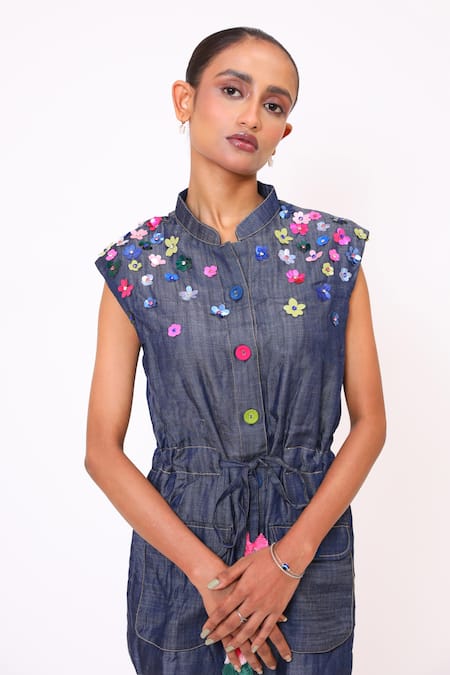 Shop_BAANI KHURANA_Navy Denim Embroidery Collared Blue Jumpsuit With Belt _Online_at_Aza_Fashions