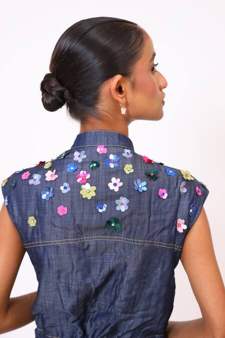 BAANI KHURANA_Navy Denim Embroidery Collared Blue Jumpsuit With Belt _at_Aza_Fashions