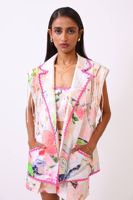 Shop_BAANI KHURANA_Multi Color Cotton, Linen Embroidery, Lace V-neck Designer Blazer And Shorts Set _Online_at_Aza_Fashions