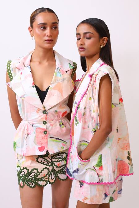 BAANI KHURANA_Multi Color Cotton, Linen Embroidery, Lace V-neck Designer Blazer And Shorts Set _at_Aza_Fashions