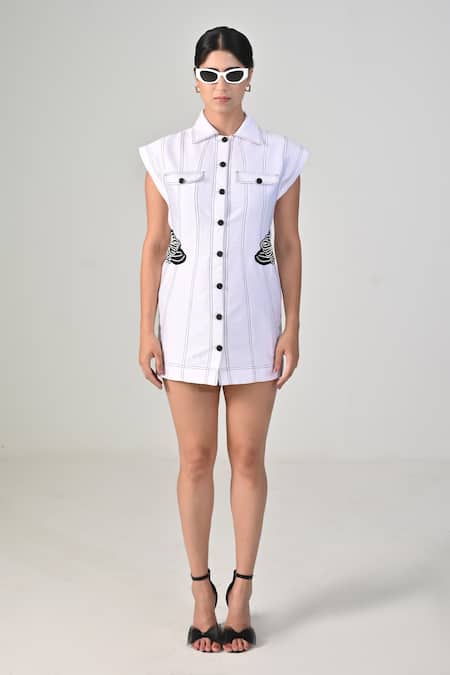 BAANI KHURANA_White Taffeta, Silk Embroidery Collared Designer Tafta Dress _Online_at_Aza_Fashions
