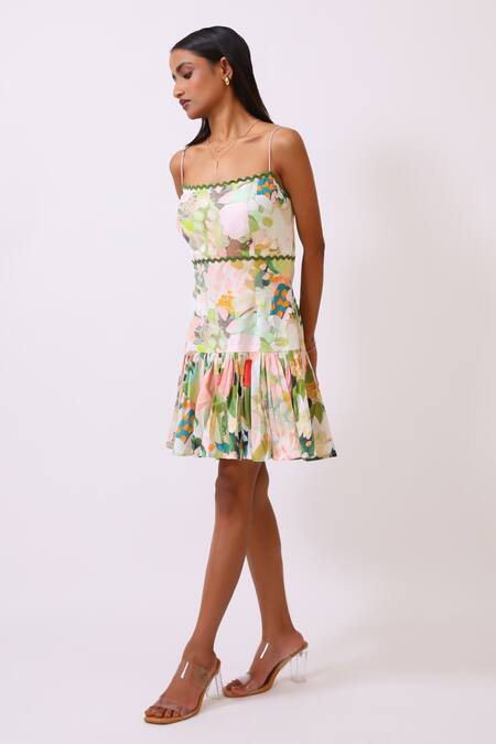 Shop_BAANI KHURANA_Multi Color Cotton, Linen Scoop Neck Floral Print Dress _Online_at_Aza_Fashions