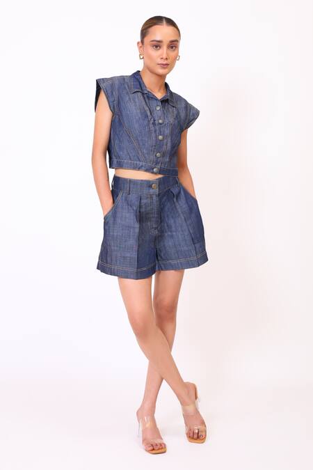 BAANI KHURANA_Navy Denim Collared Top And Shorts Set _Online_at_Aza_Fashions