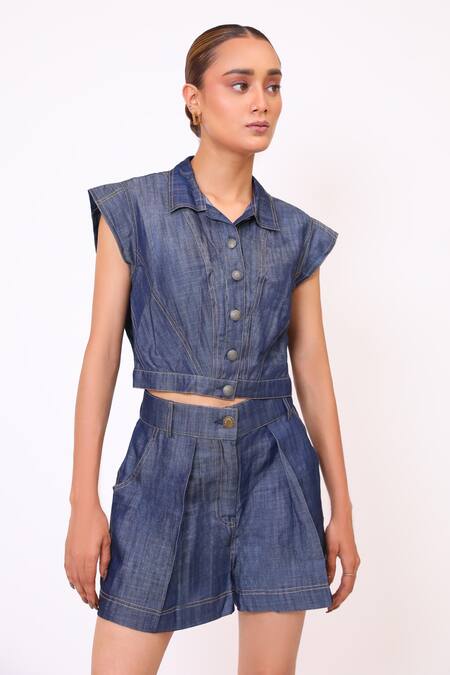 BAANI KHURANA_Navy Denim Collared Top And Shorts Set _at_Aza_Fashions