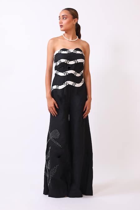 Buy_BAANI KHURANA_Black Cotton, Linen Embroidery Off-shoulder Designer And White Jumpsuit _Online_at_Aza_Fashions